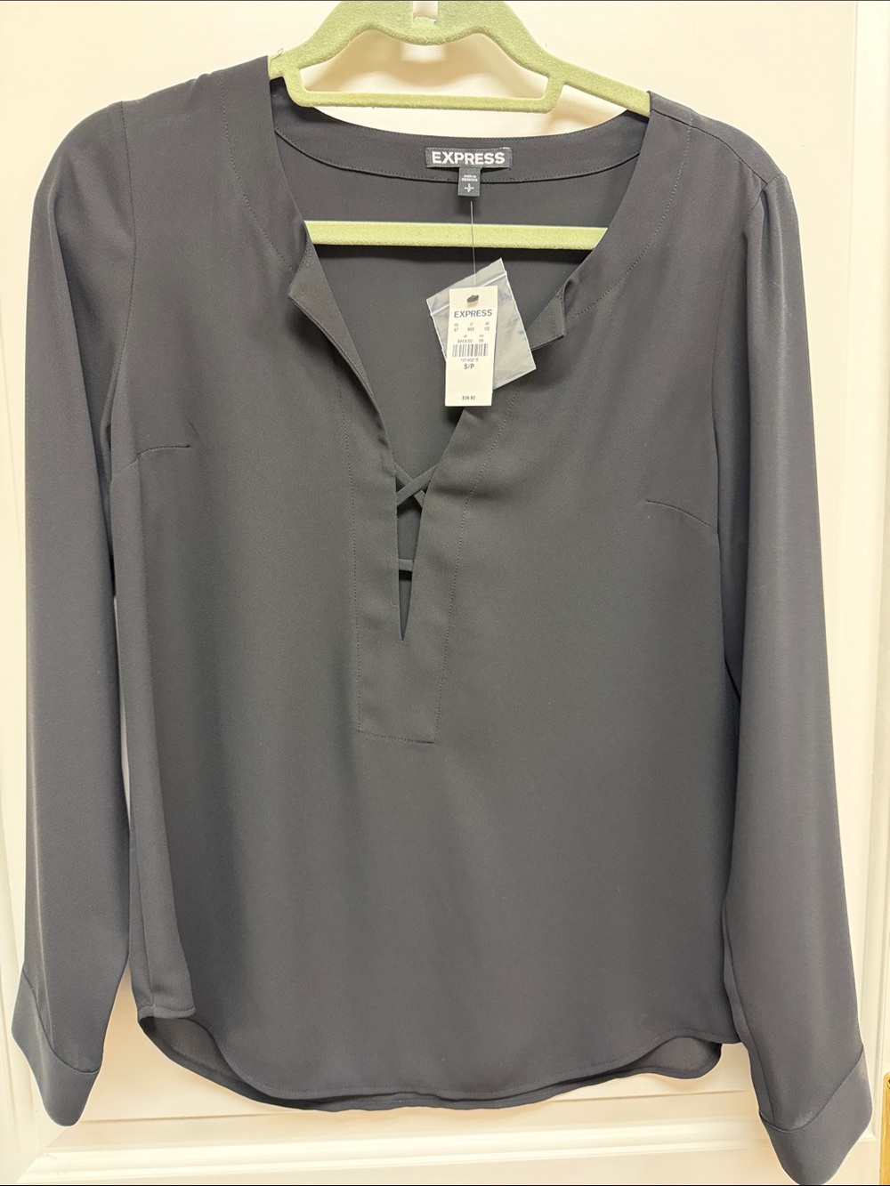 Express Women's Long-Sleeve Charcoal Blouse with V-Notch
